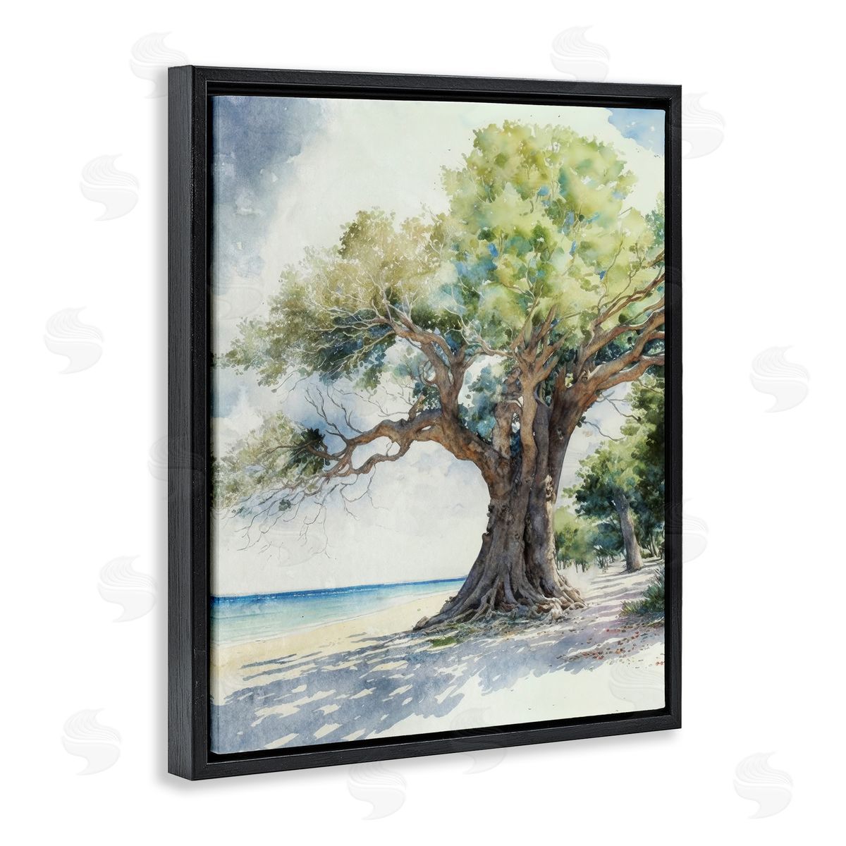 Watercolor Tree on Shore Black Floating Frame Canvas Wall Art, Home Decor by Svetlana Aleynikova