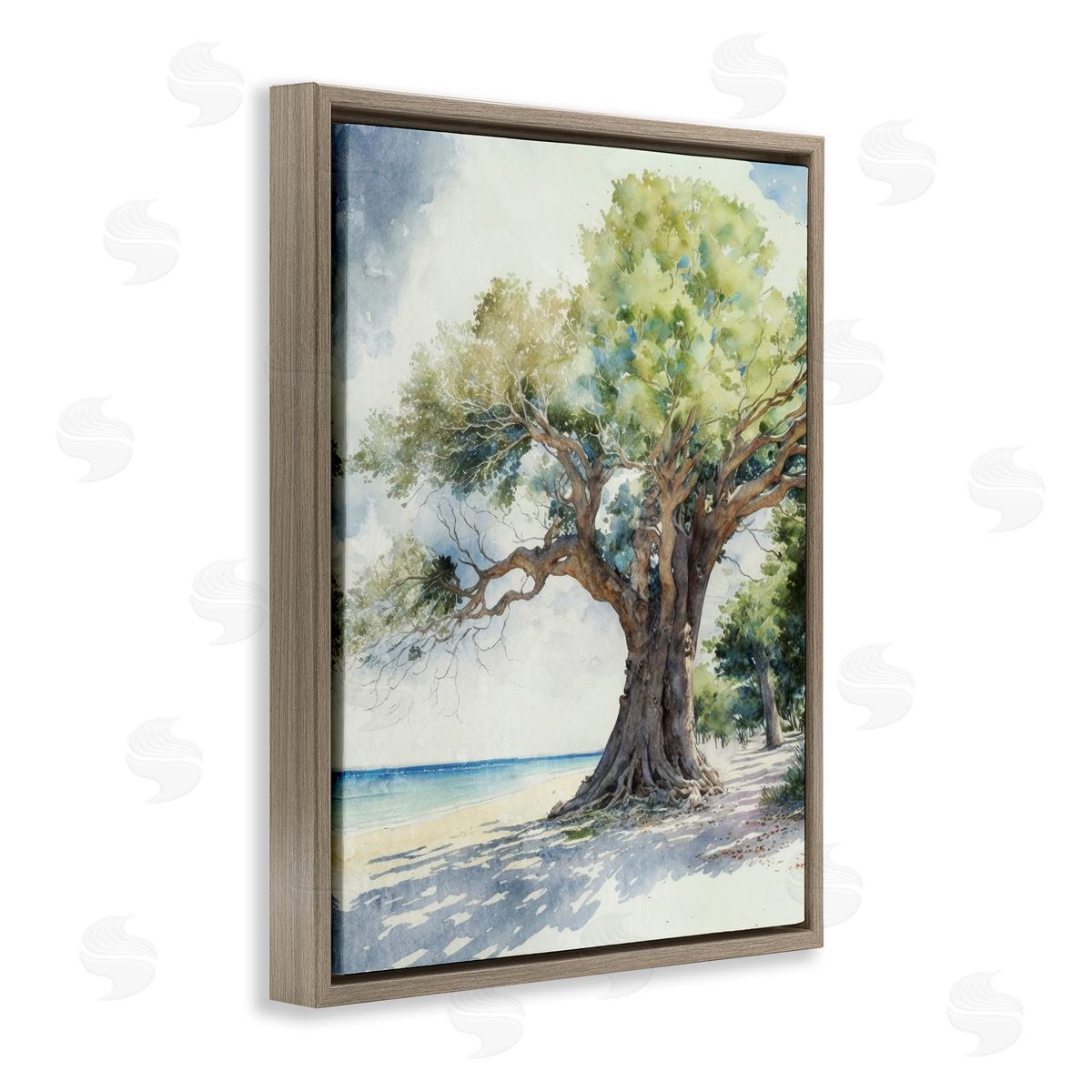Watercolor Tree on Shore Brown Floating Frame Canvas Wall Art, Home Decor by Svetlana Aleynikova