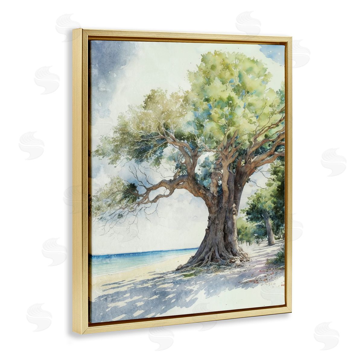 Watercolor Tree on Shore Gold Floating Frame Canvas Wall Art, Home Decor by Svetlana Aleynikova