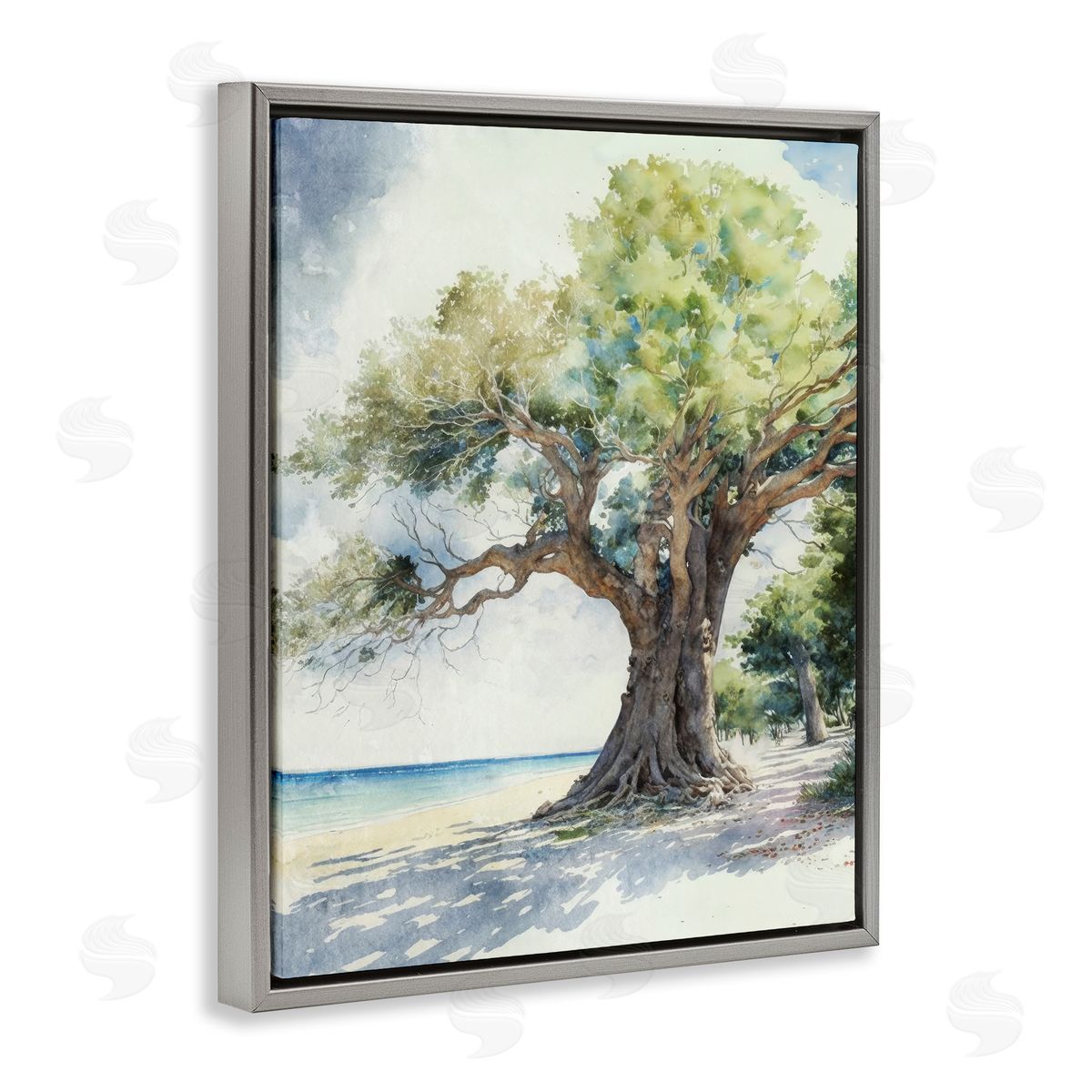Watercolor Tree on Shore Grey Floating Frame Canvas Wall Art, Home Decor by Svetlana Aleynikova