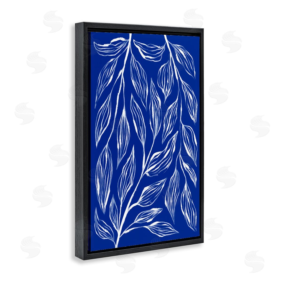 Blue Leaves & Grasses Black Floating Frame Canvas Wall Art, Home Decor by Martina Pavlova