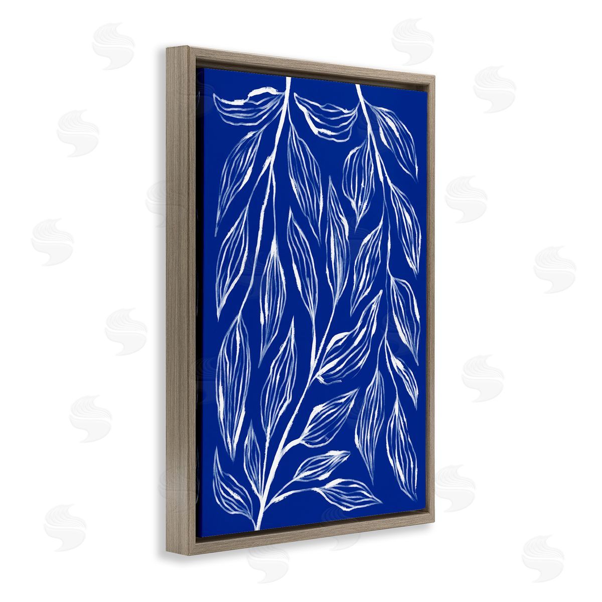 Blue Leaves & Grasses Brown Floating Frame Canvas Wall Art, Home Decor by Martina Pavlova