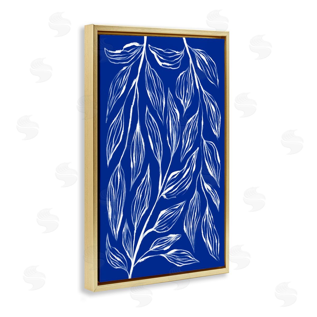 Blue Leaves & Grasses Gold Floating Frame Canvas Wall Art, Home Decor by Martina Pavlova