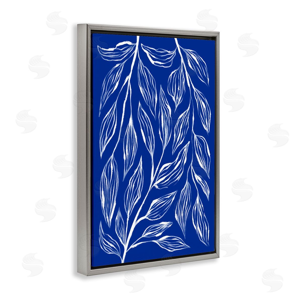 Blue Leaves & Grasses Grey Floating Frame Canvas Wall Art, Home Decor by Martina Pavlova