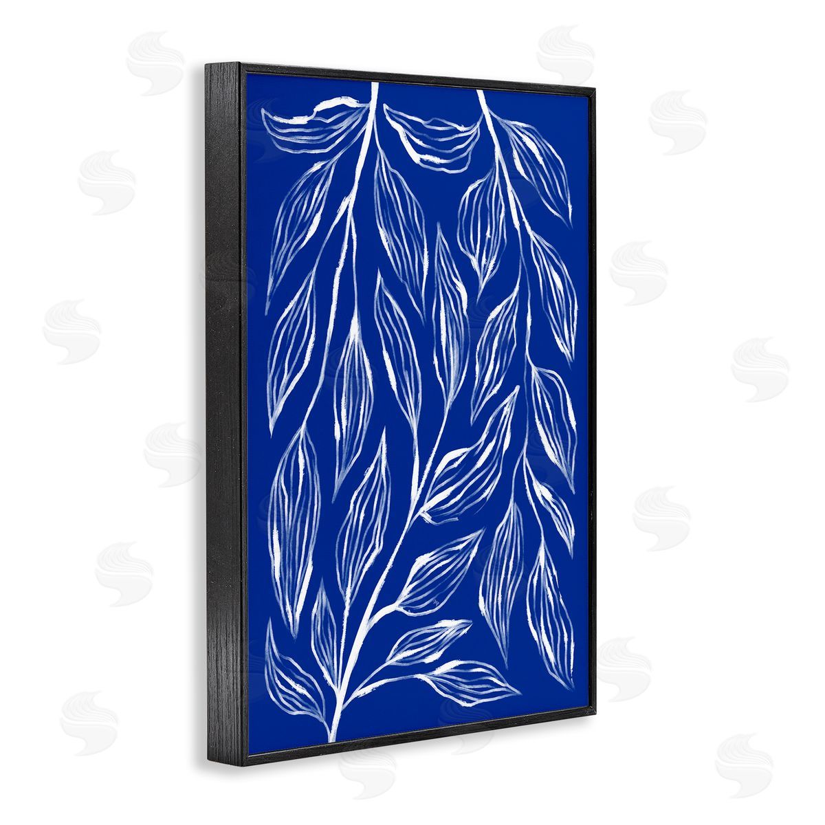 Blue Leaves & Grasses Black Frame Print Wall Art, Home Decor by Martina Pavlova