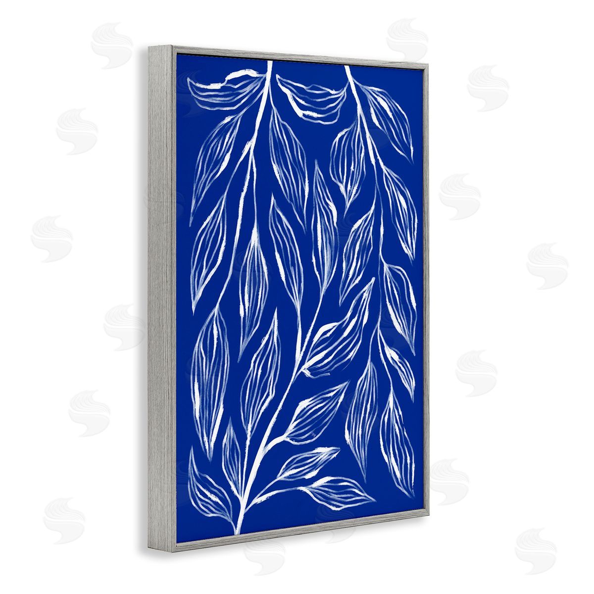 Blue Leaves & Grasses Grey Frame Print Wall Art, Home Decor by Martina Pavlova