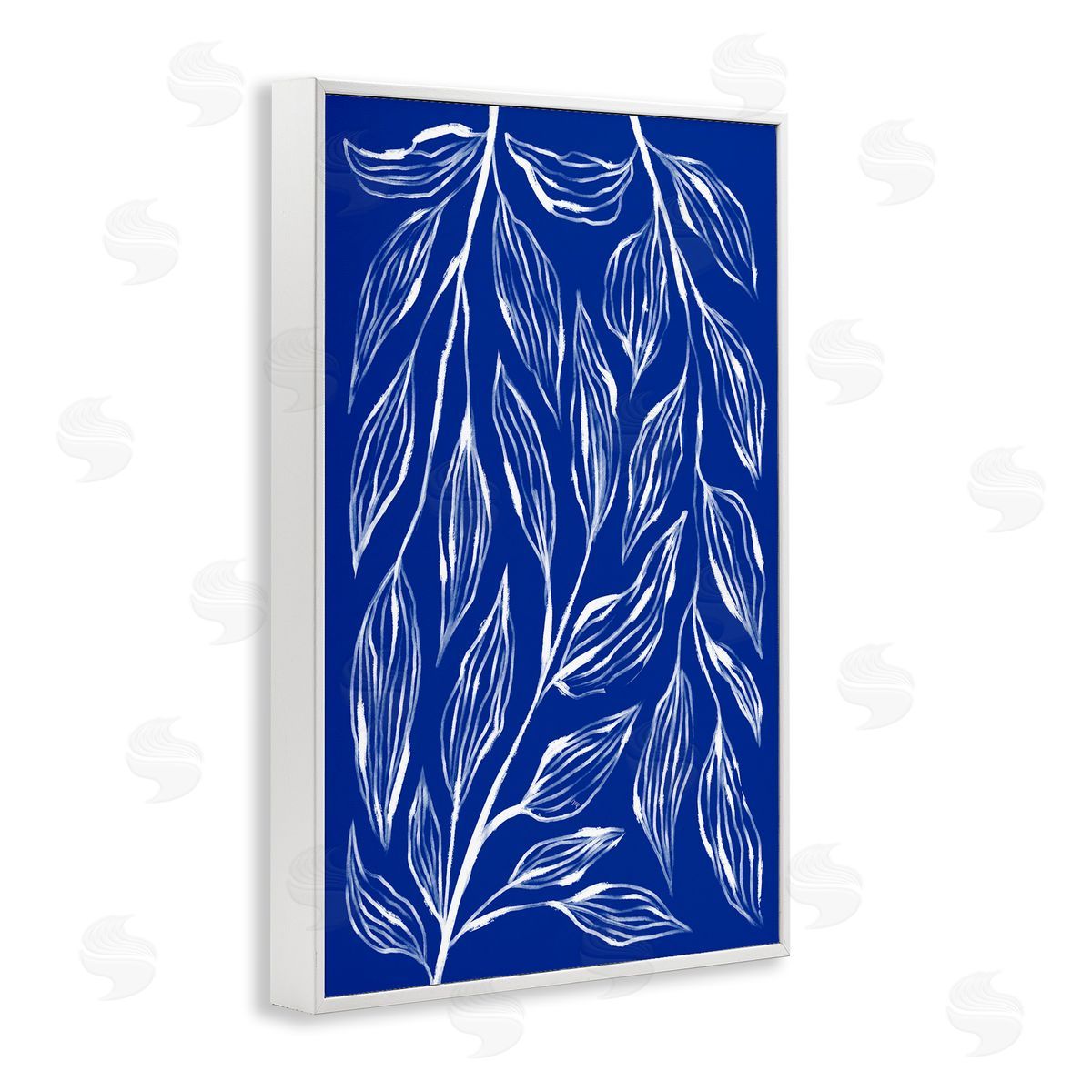 Blue Leaves & Grasses White Frame Print Wall Art, Home Decor by Martina Pavlova