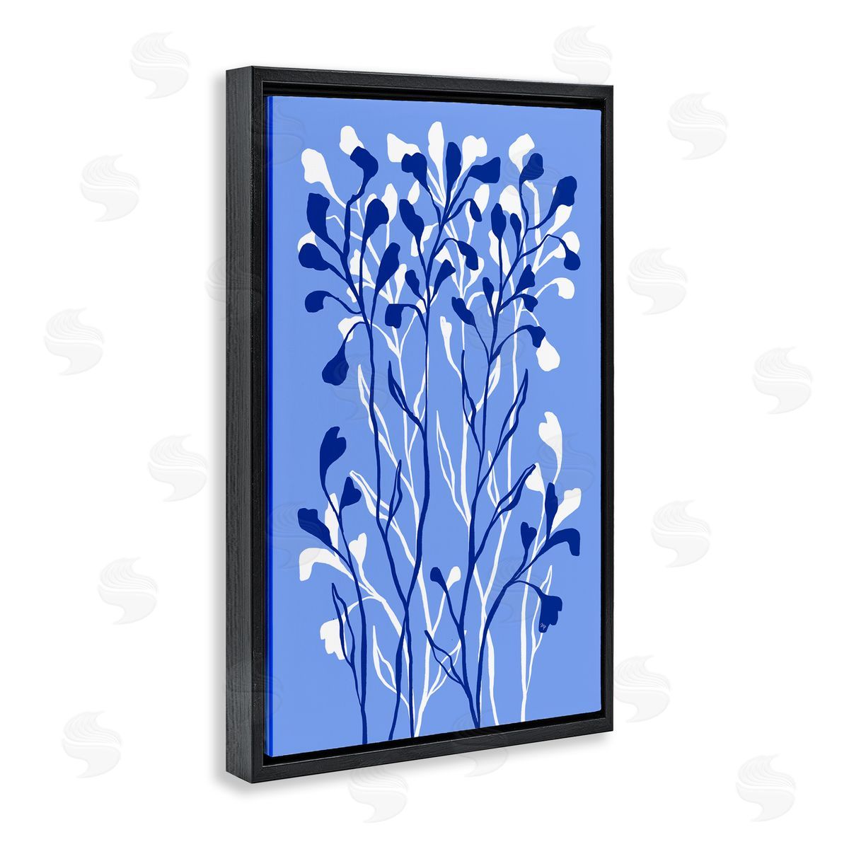 Blue Intertwining Sprigs Black Floating Frame Canvas Wall Art, Home Decor by Martina Pavlova
