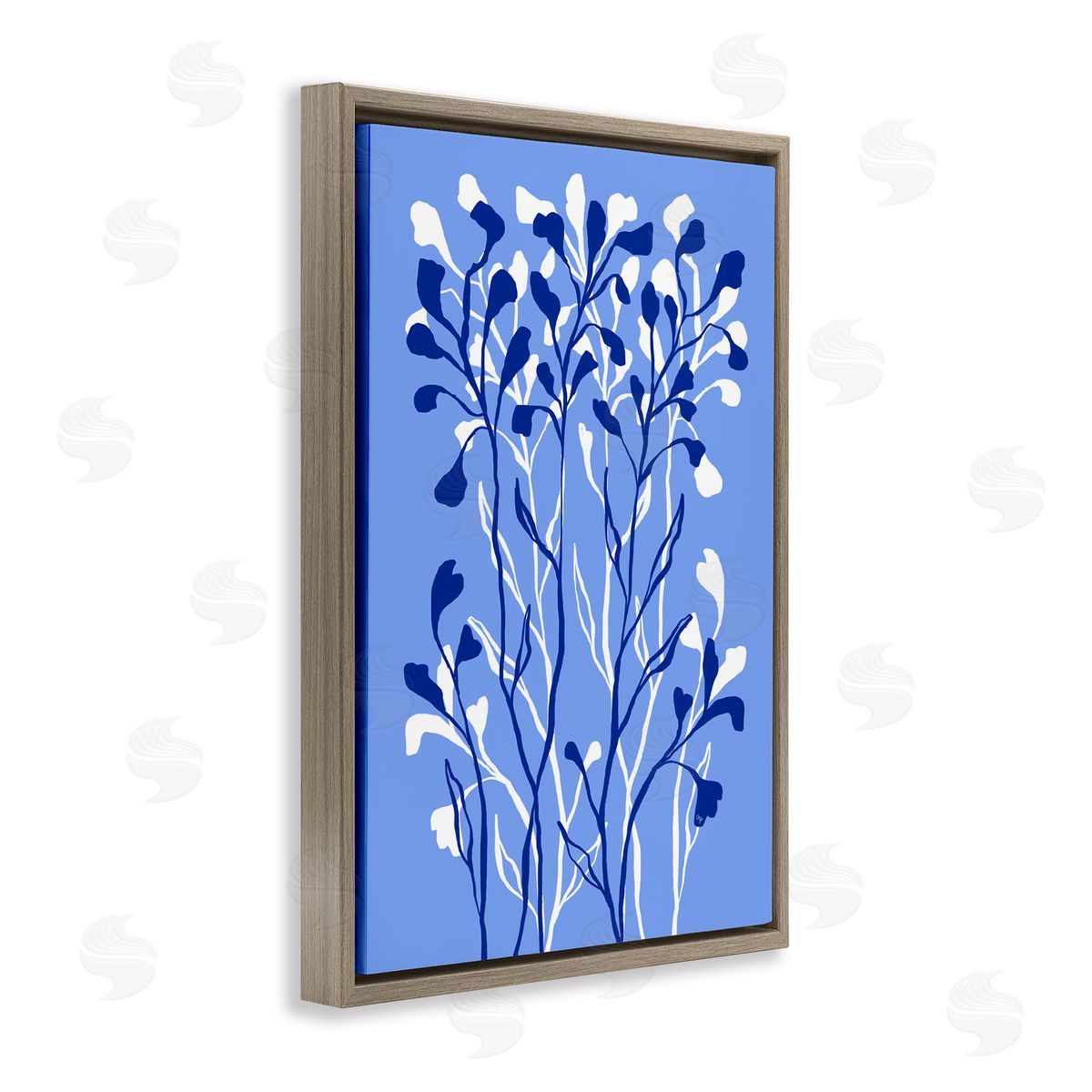 Blue Intertwining Sprigs Brown Floating Frame Canvas Wall Art, Home Decor by Martina Pavlova
