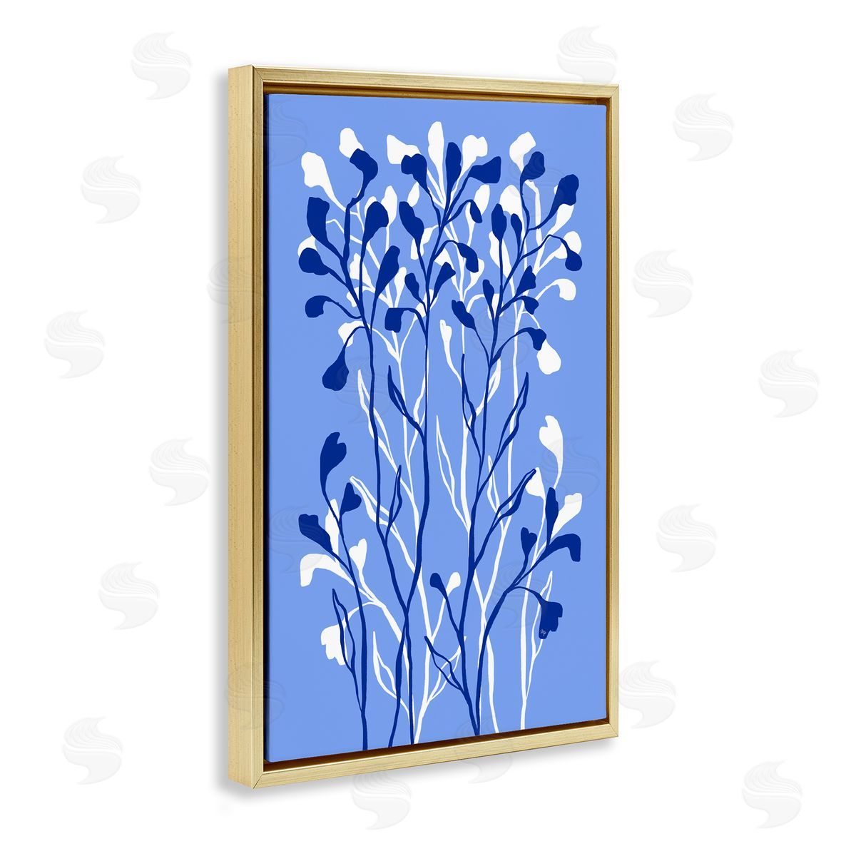Blue Intertwining Sprigs Gold Floating Frame Canvas Wall Art, Home Decor by Martina Pavlova