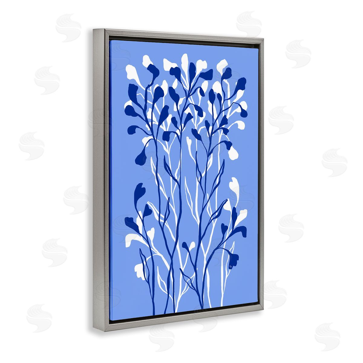 Blue Intertwining Sprigs Grey Floating Frame Canvas Wall Art, Home Decor by Martina Pavlova
