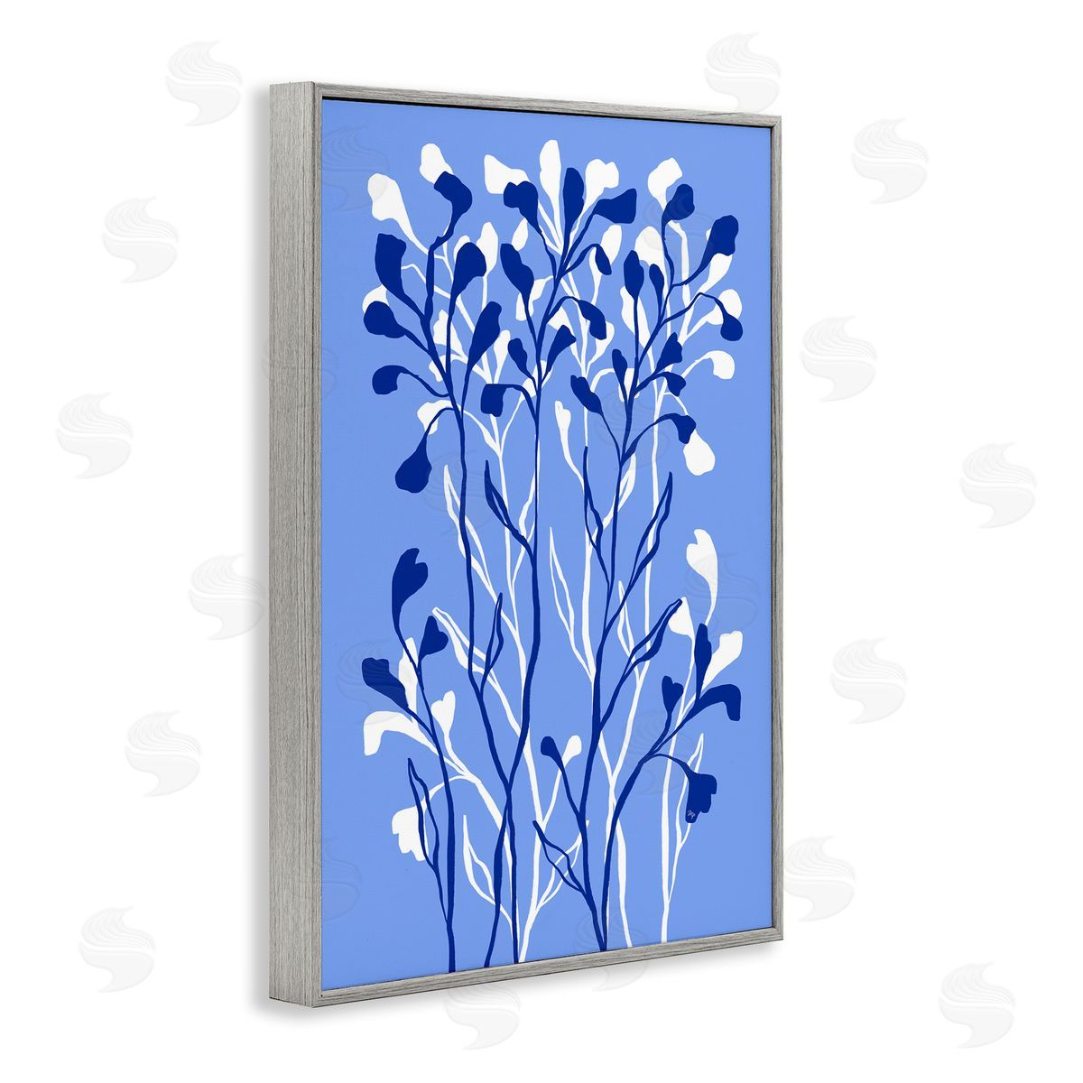 Blue Intertwining Sprigs Grey Frame Print Wall Art, Home Decor by Martina Pavlova