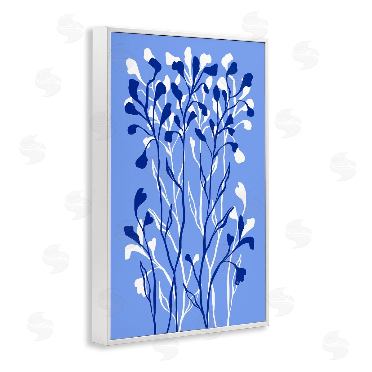 Blue Intertwining Sprigs White Frame Print Wall Art, Home Decor by Martina Pavlova