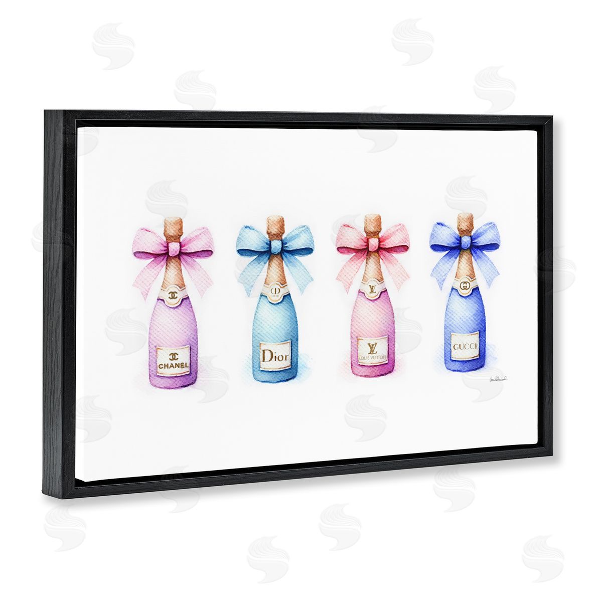 Pastel Champagne Bottles Black Floating Frame Canvas Wall Art, Home Decor by Amanda Greenwood