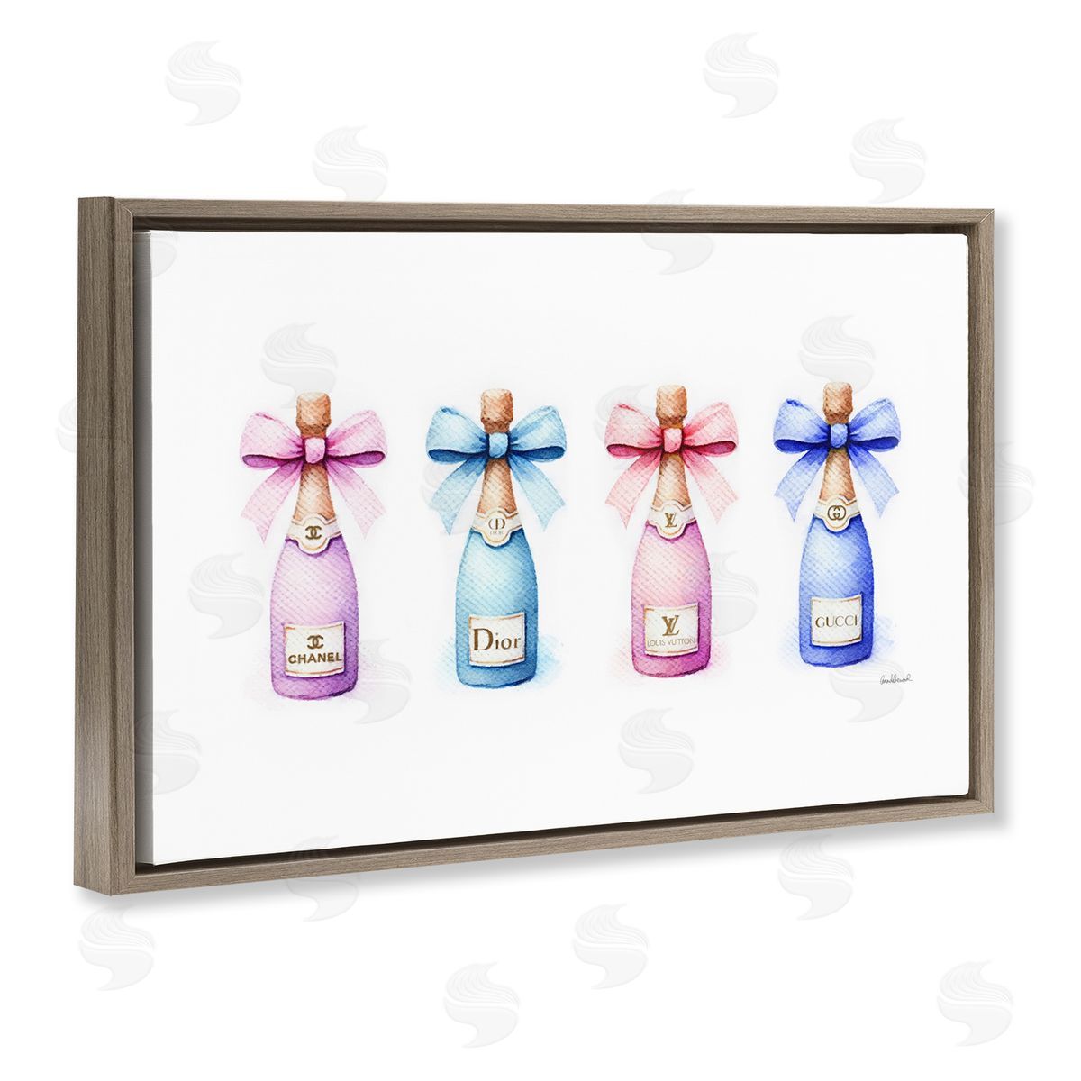 Pastel Champagne Bottles Brown Floating Frame Canvas Wall Art, Home Decor by Amanda Greenwood