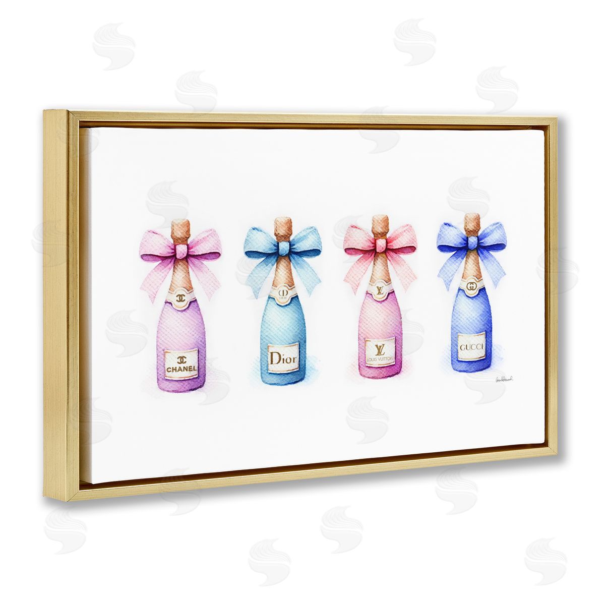 Pastel Champagne Bottles Gold Floating Frame Canvas Wall Art, Home Decor by Amanda Greenwood