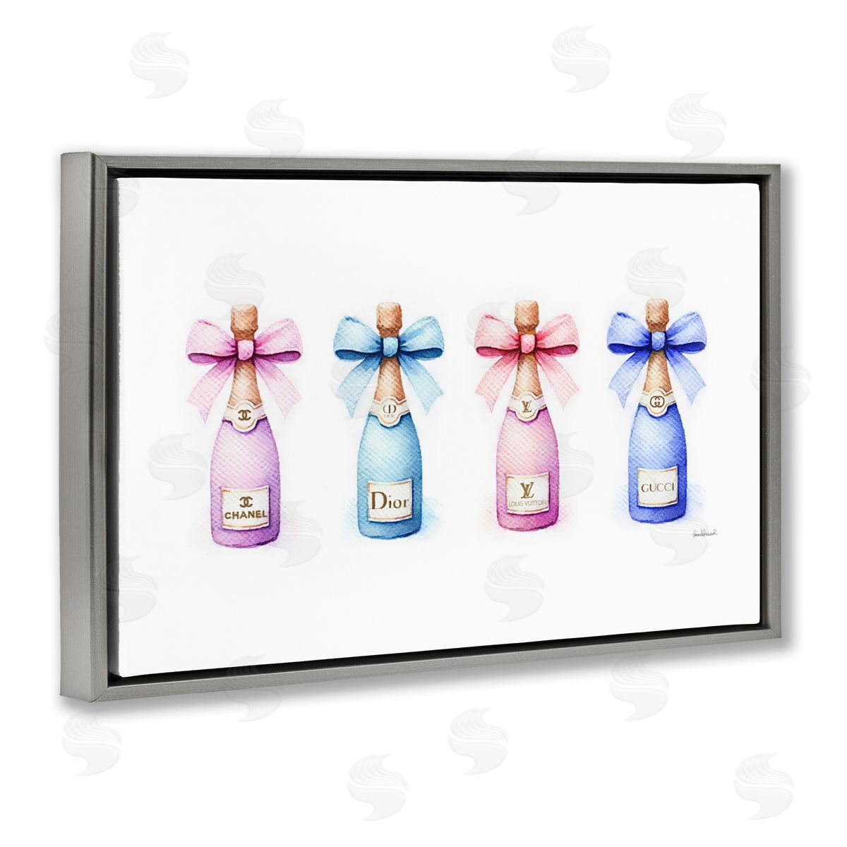 Pastel Champagne Bottles Grey Floating Frame Canvas Wall Art, Home Decor by Amanda Greenwood