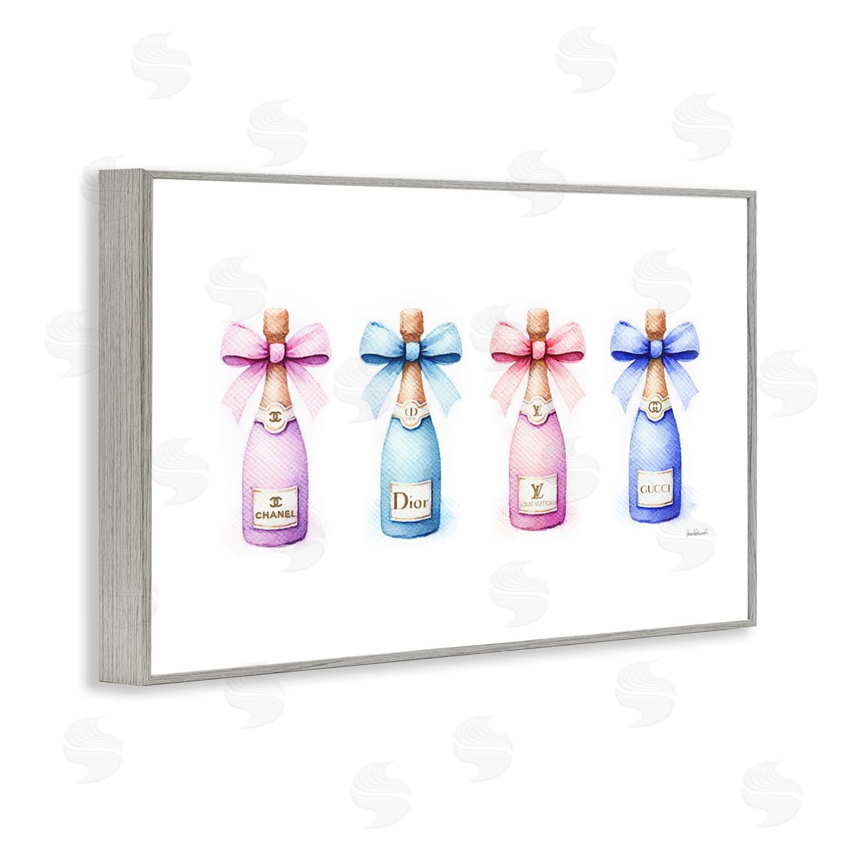 Pastel Champagne Bottles Grey Frame Print Wall Art, Home Decor by Amanda Greenwood