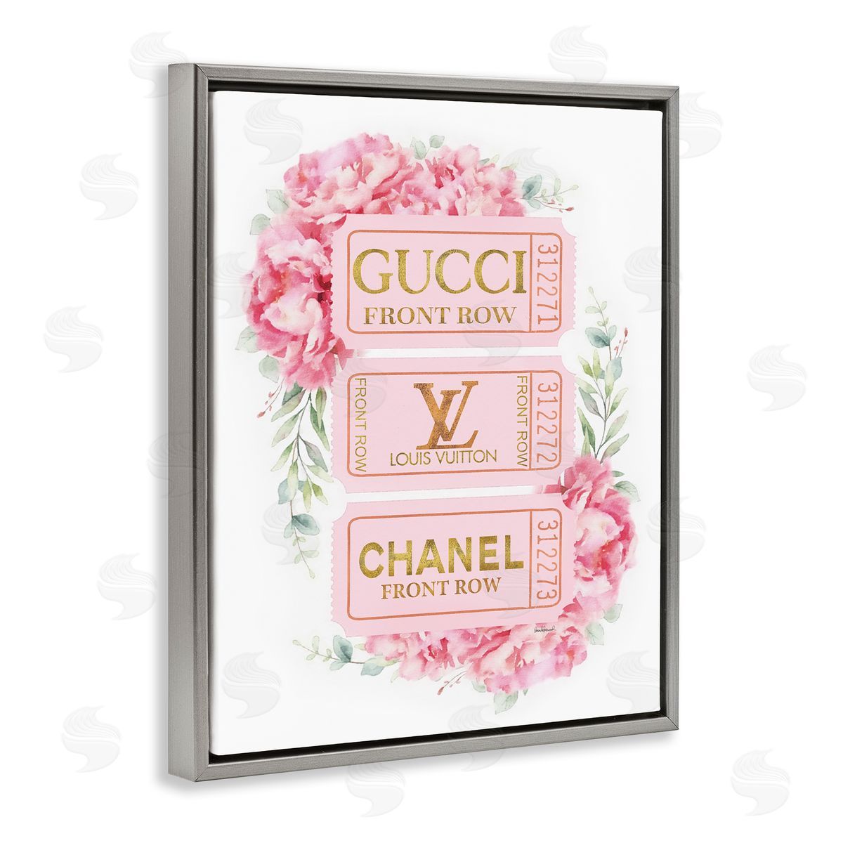 Pink & Gold Glam Tickets Grey Floating Frame Canvas Wall Art, Home Decor by Amanda Greenwood