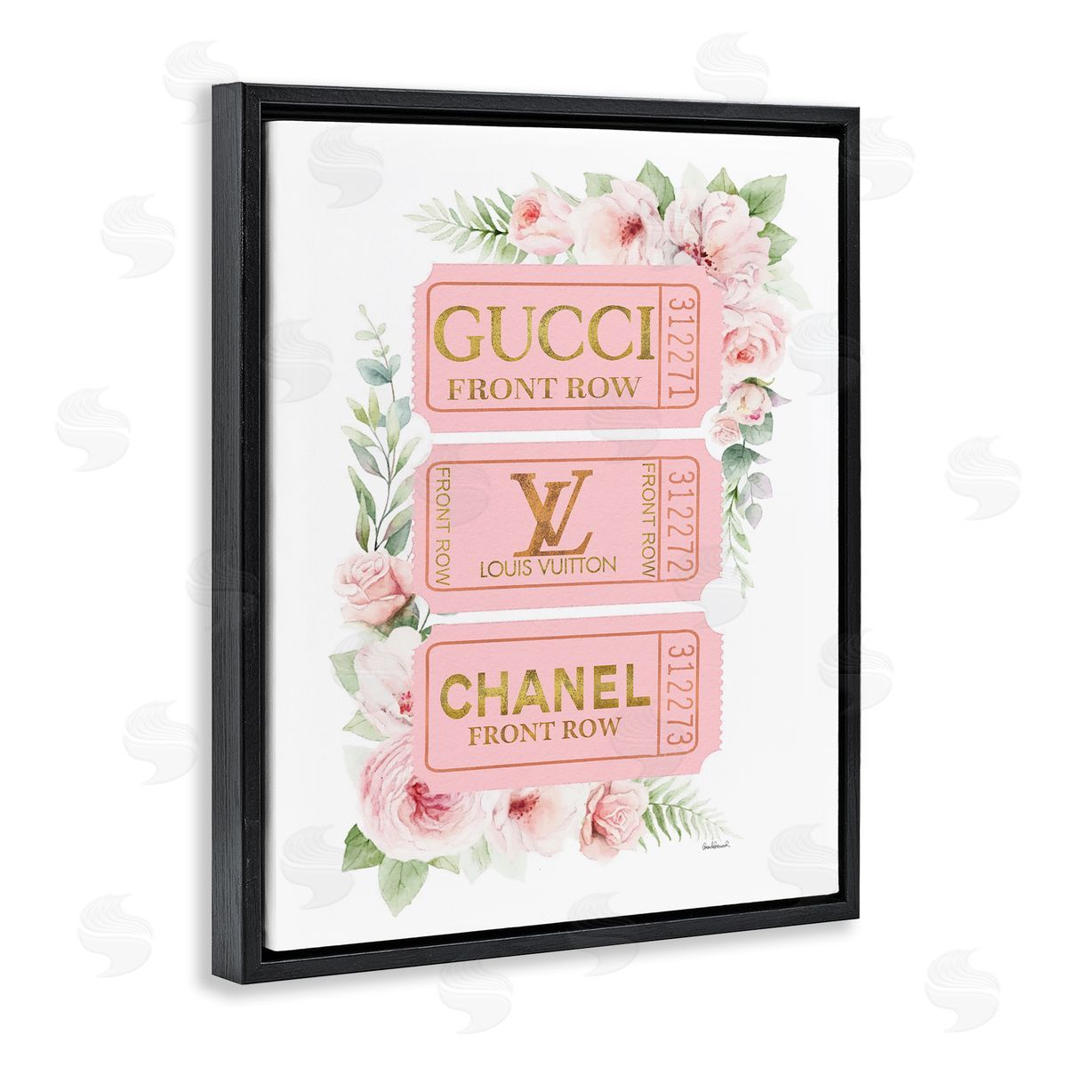 Chic Floral Glam Tickets Black Floating Frame Canvas Wall Art, Home Decor by Amanda Greenwood