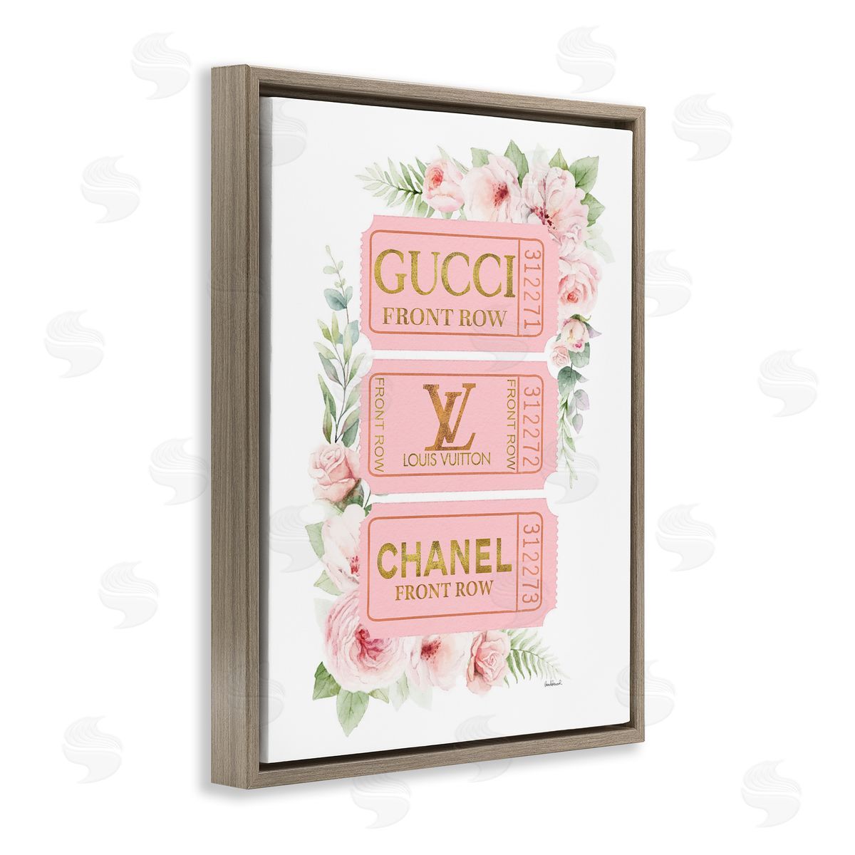 Chic Floral Glam Tickets Brown Floating Frame Canvas Wall Art, Home Decor by Amanda Greenwood