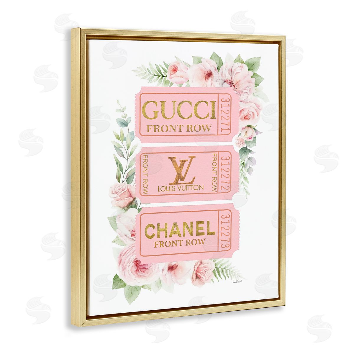 Chic Floral Glam Tickets Gold Floating Frame Canvas Wall Art, Home Decor by Amanda Greenwood