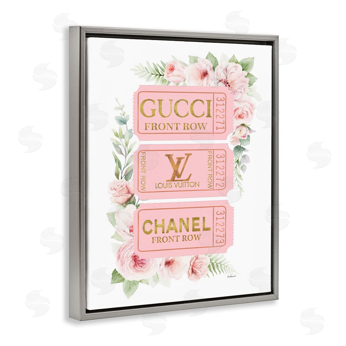 Chic Floral Glam Tickets Grey Floating Frame Canvas Wall Art, Home Decor by Amanda Greenwood