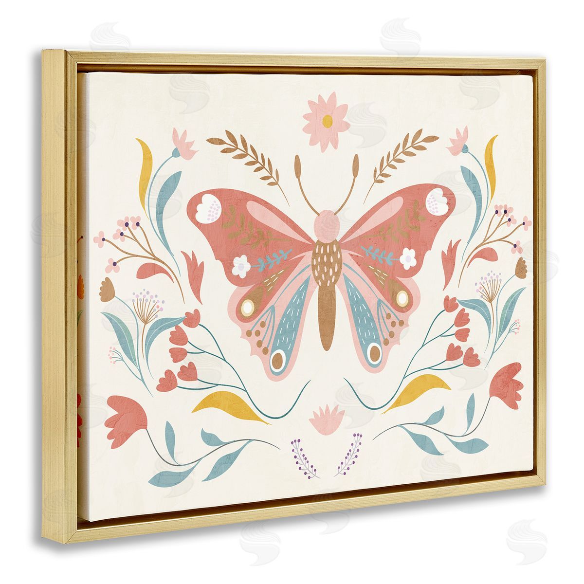 Boho Folk Butterfly Gold Floating Frame Canvas Wall Art, Home Decor by Kim Allen