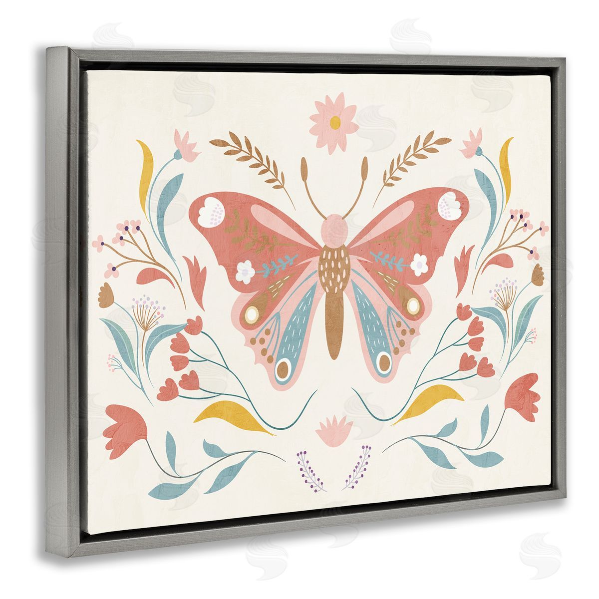 Boho Folk Butterfly Grey Floating Frame Canvas Wall Art, Home Decor by Kim Allen