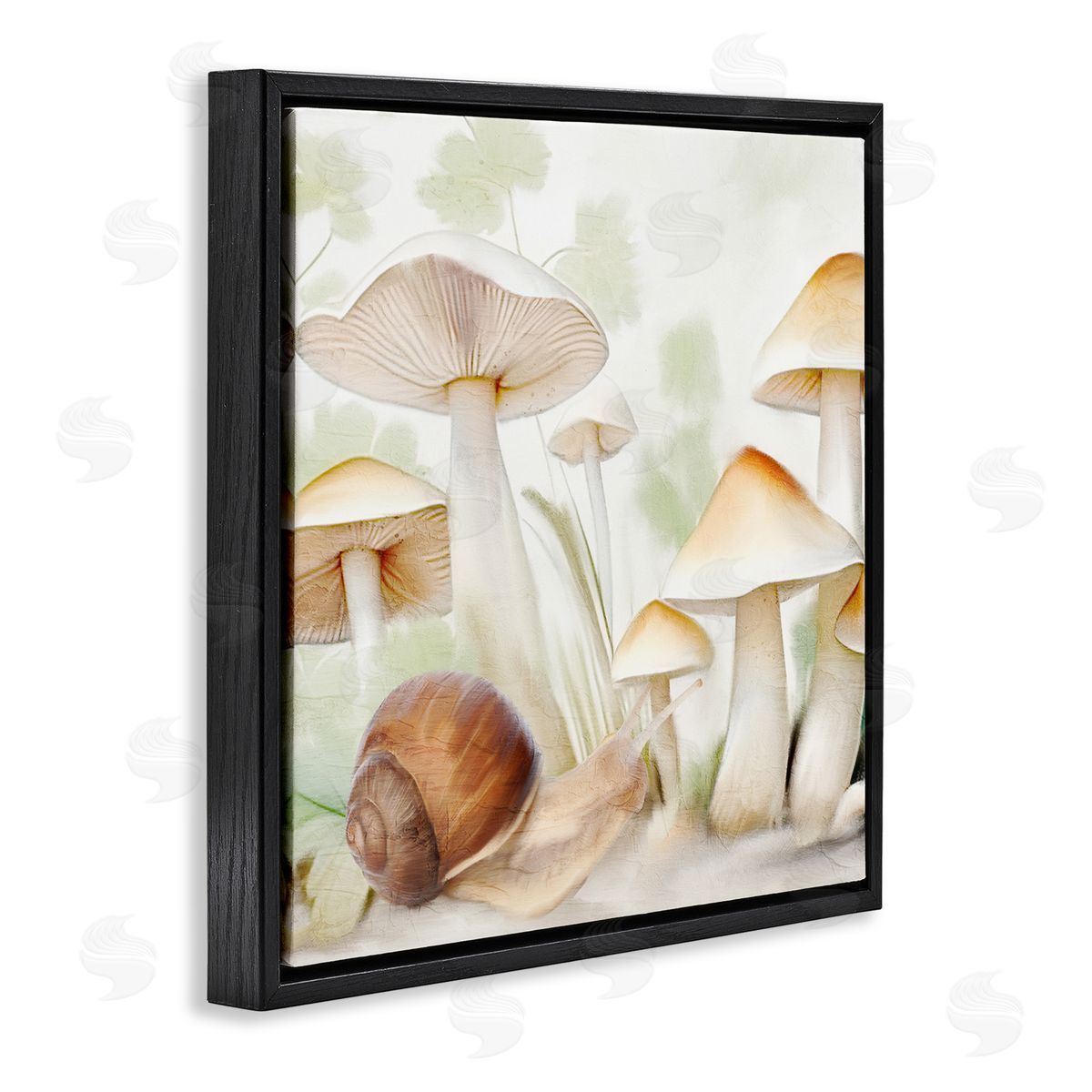 Snail Among Mushrooms Black Floating Frame Canvas Wall Art, Home Decor by Kim Allen