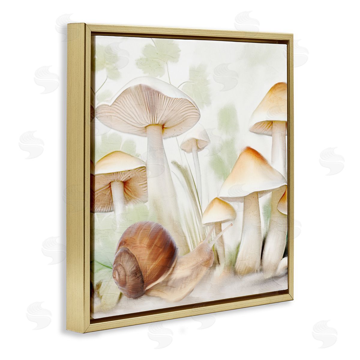 Snail Among Mushrooms Gold Floating Frame Canvas Wall Art, Home Decor by Kim Allen