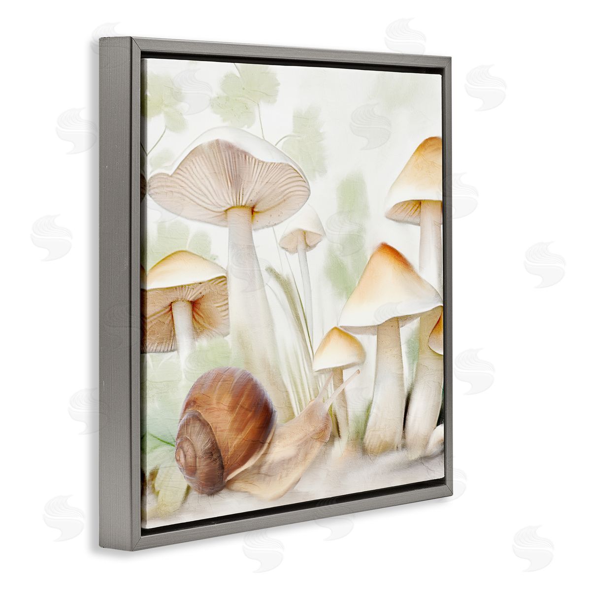 Snail Among Mushrooms Grey Floating Frame Canvas Wall Art, Home Decor by Kim Allen