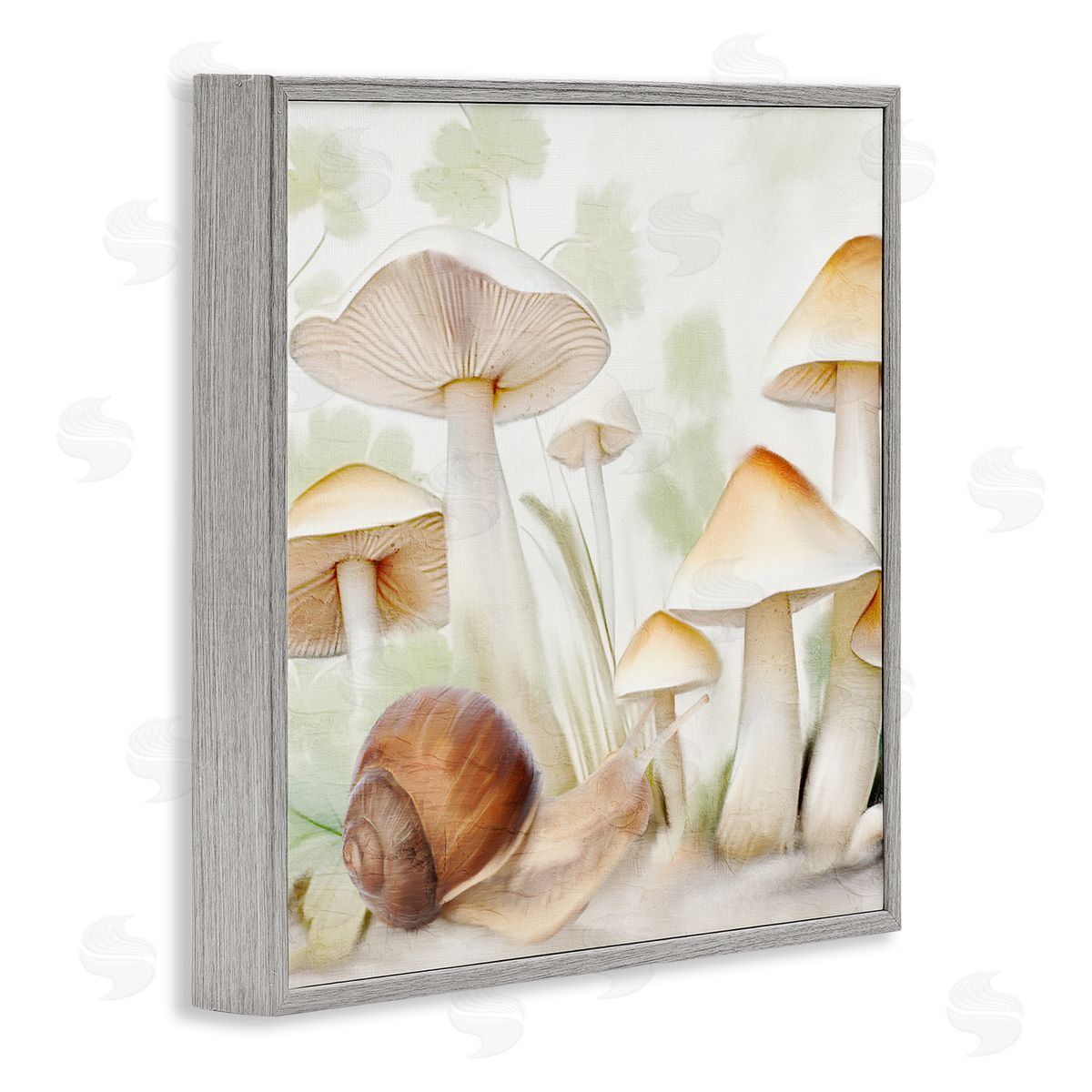 Snail Among Mushrooms Grey Frame Print Wall Art, Home Decor by Kim Allen