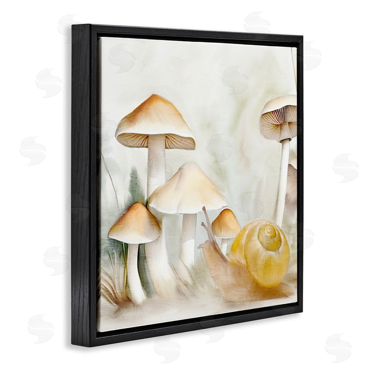 Snail & Natural Mushrooms Black Floating Frame Canvas Wall Art, Home Decor by Kim Allen