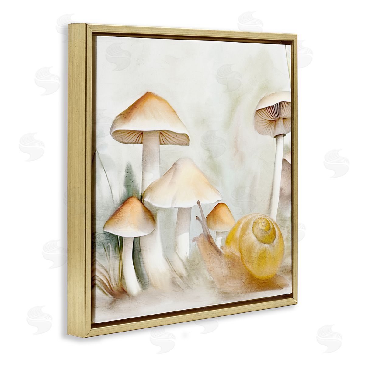 Snail & Natural Mushrooms Gold Floating Frame Canvas Wall Art, Home Decor by Kim Allen