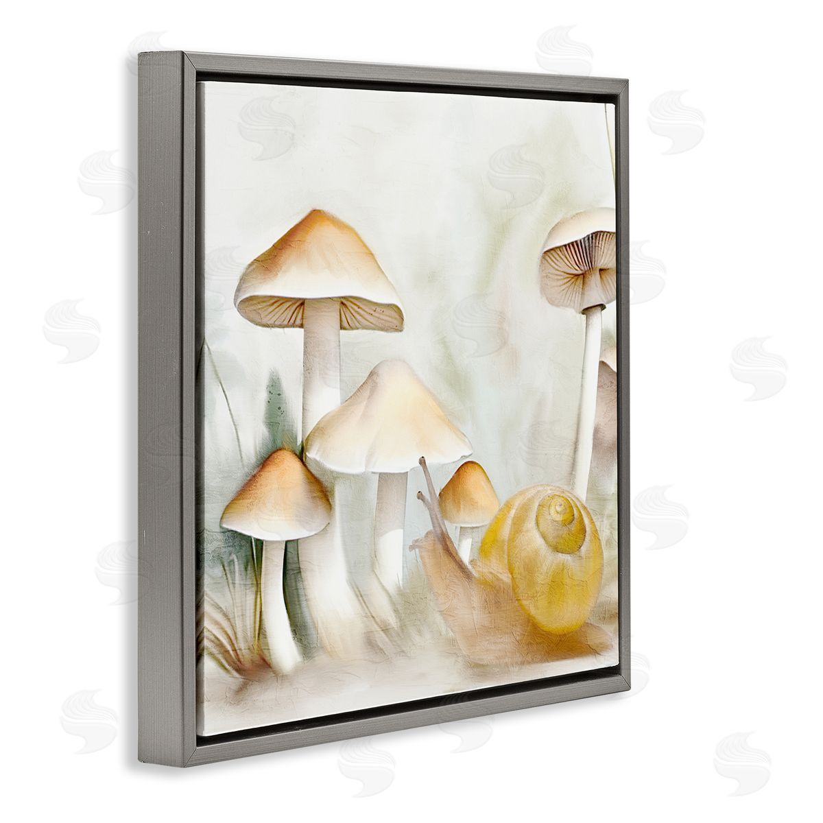Snail & Natural Mushrooms Grey Floating Frame Canvas Wall Art, Home Decor by Kim Allen