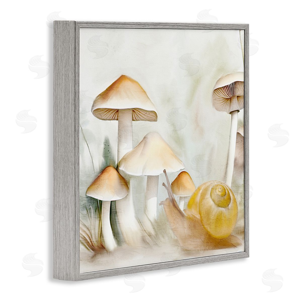 Snail & Natural Mushrooms Grey Frame Print Wall Art, Home Decor by Kim Allen