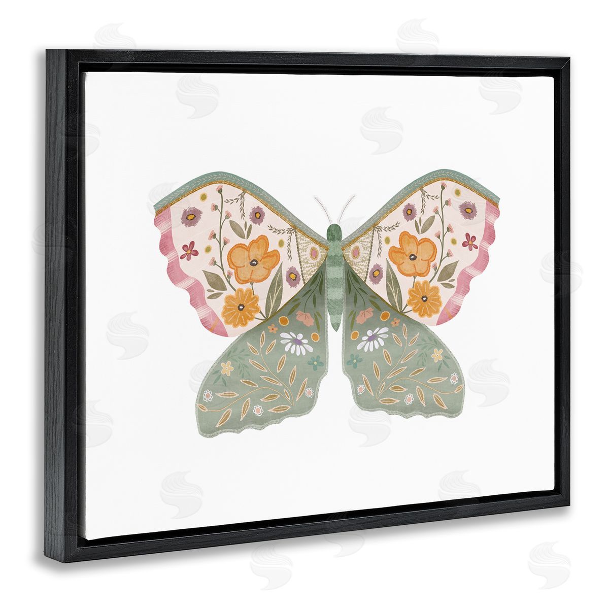 Moth with Floral Wings Black Floating Frame Canvas Wall Art, Home Decor by Leah Straatsma