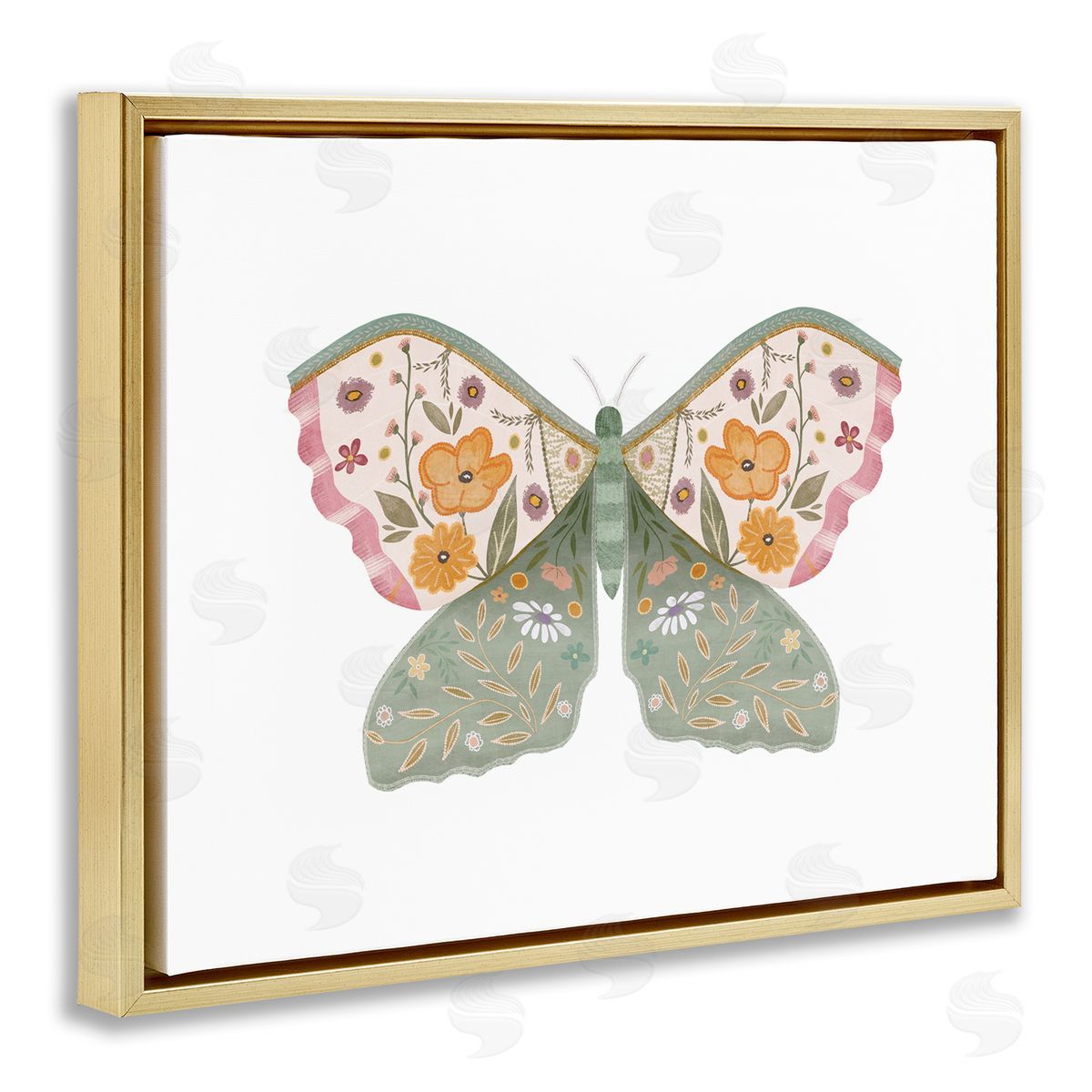 Moth with Floral Wings Gold Floating Frame Canvas Wall Art, Home Decor by Leah Straatsma