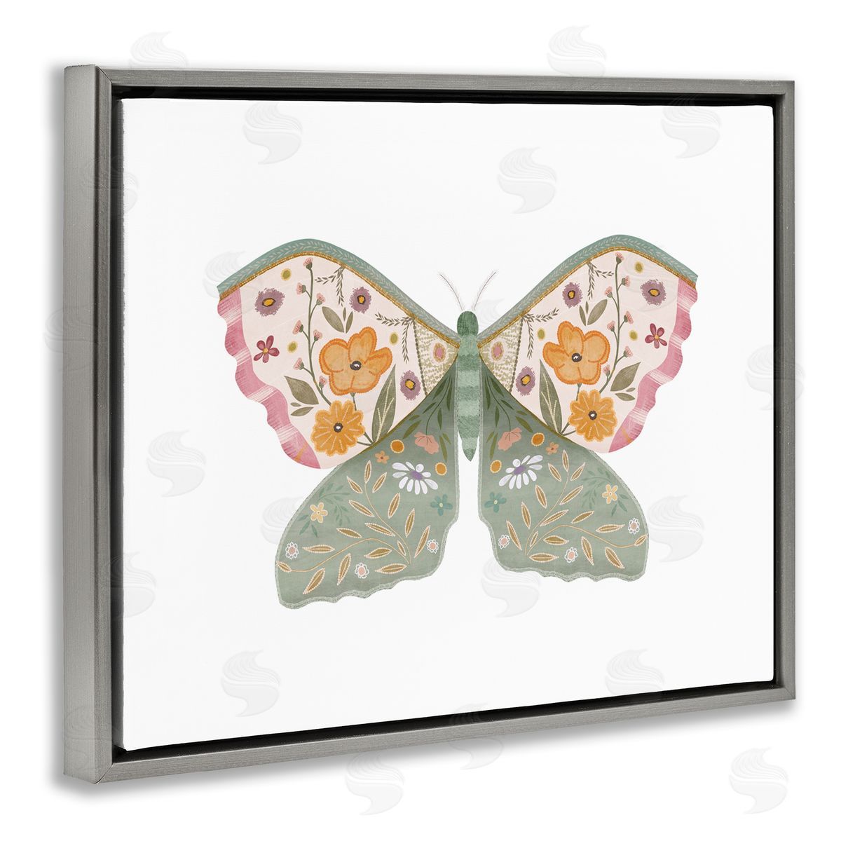 Moth with Floral Wings Grey Floating Frame Canvas Wall Art, Home Decor by Leah Straatsma