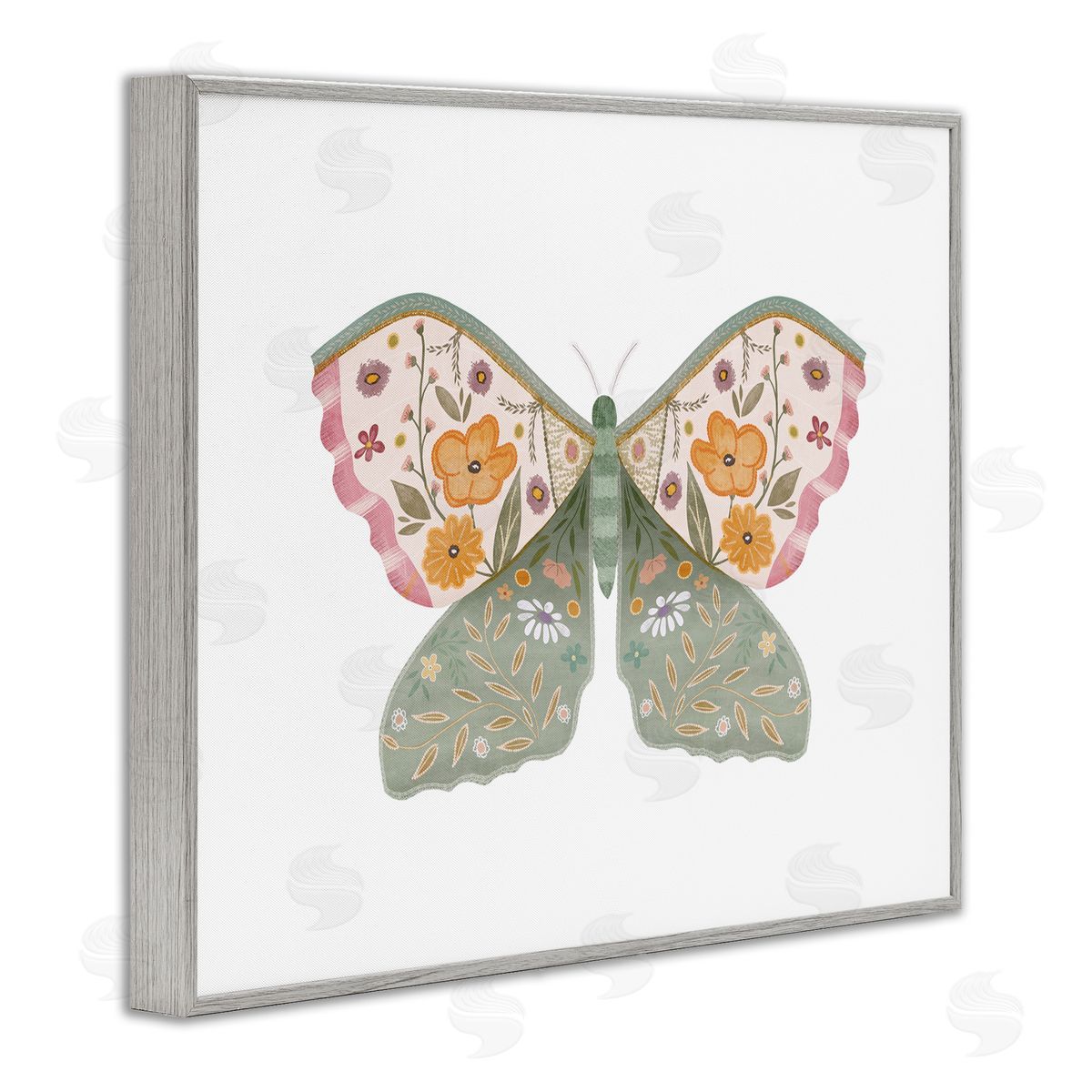 Moth with Floral Wings Grey Frame Print Wall Art, Home Decor by Leah Straatsma