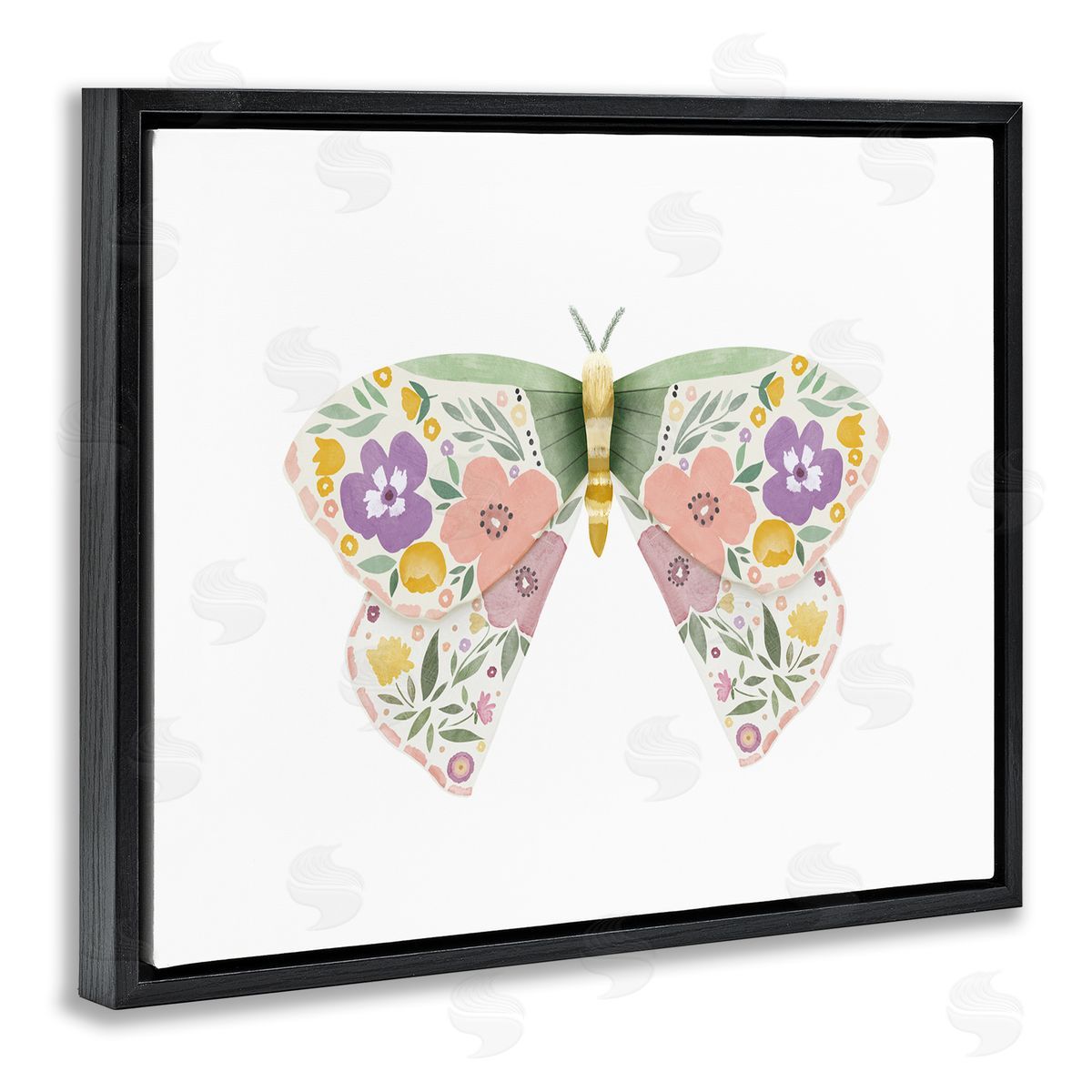 Marigold Floral Moth Black Floating Frame Canvas Wall Art, Home Decor by Leah Straatsma