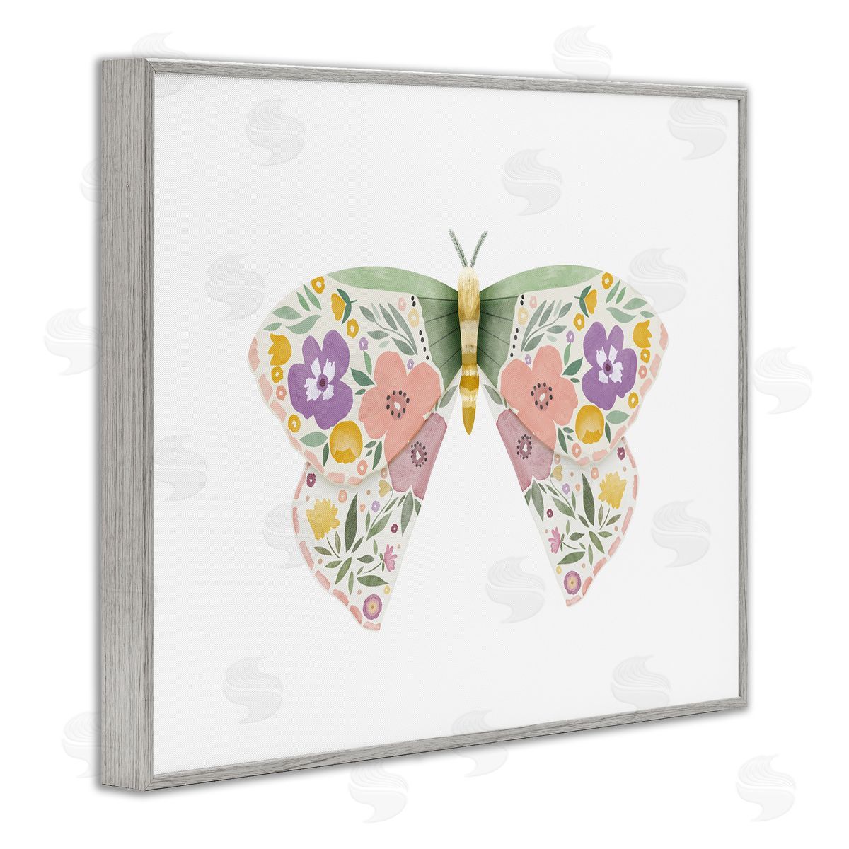 Marigold Floral Moth Grey Frame Print Wall Art, Home Decor by Leah Straatsma