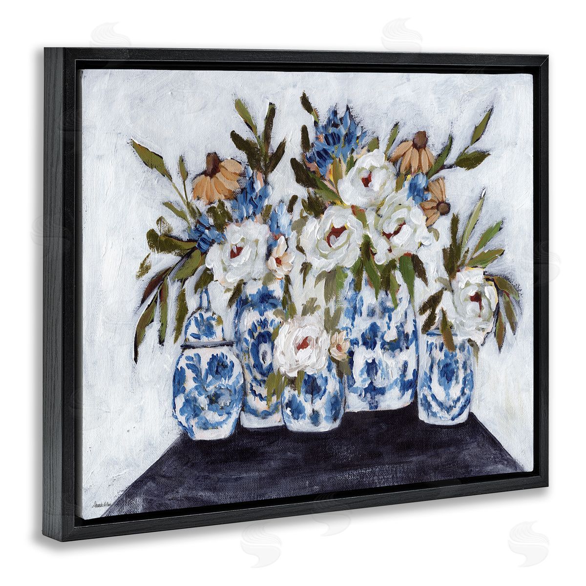 Ornate Flower Pots Still Life Black Floating Frame Canvas Wall Art, Home Decor by Amanda Hilburn