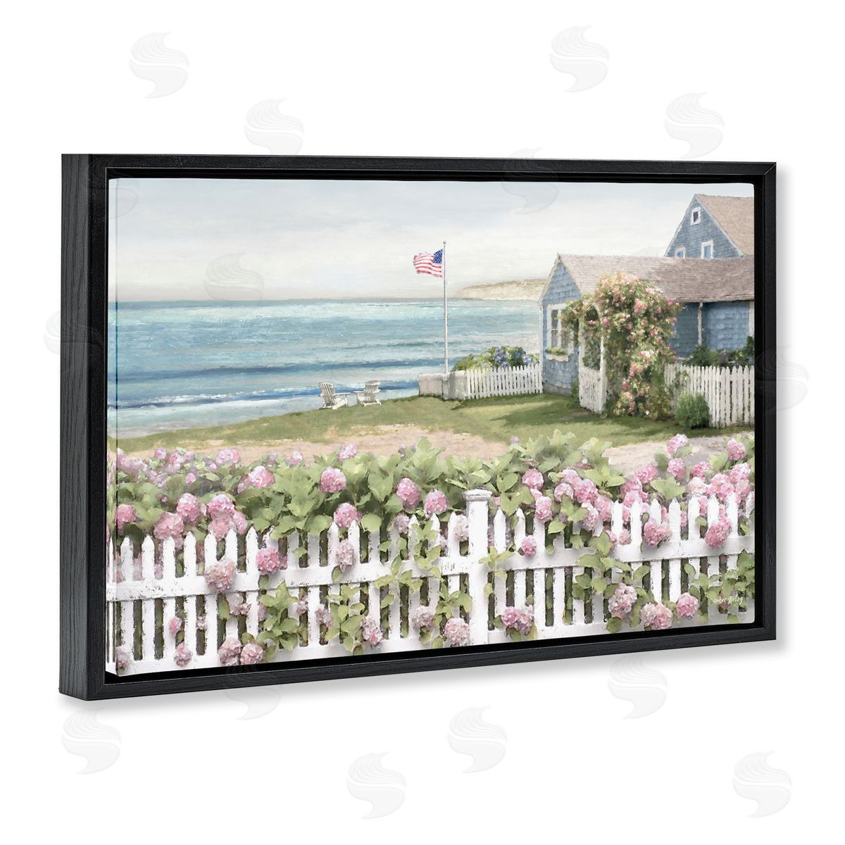 Coastal Bay Cottage Black Floating Frame Canvas Wall Art, Home Decor by Amber Sterling