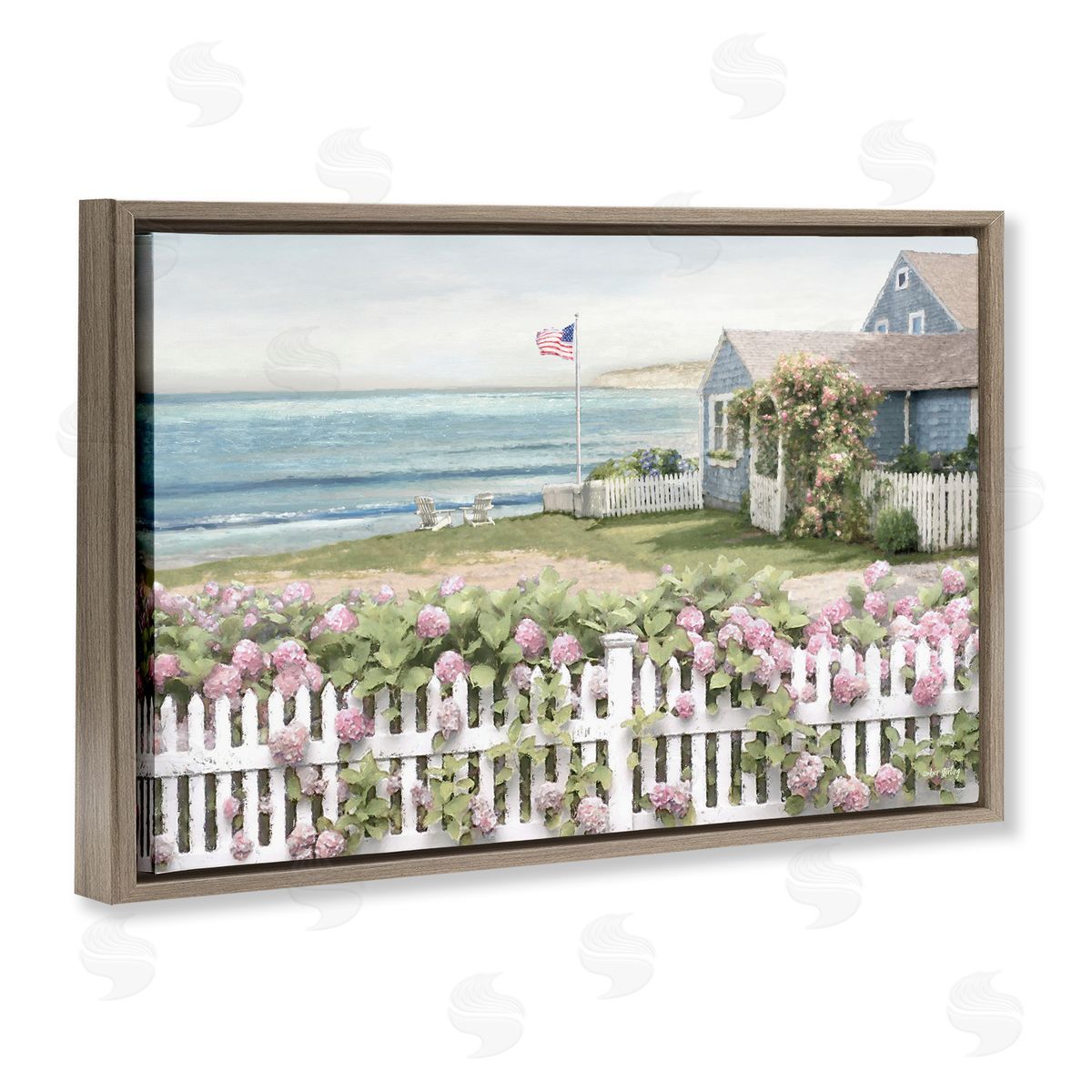 Coastal Bay Cottage Brown Floating Frame Canvas Wall Art, Home Decor by Amber Sterling