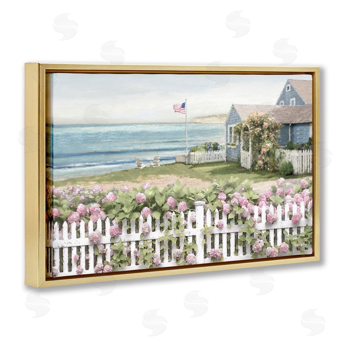 Coastal Bay Cottage Gold Floating Frame Canvas Wall Art, Home Decor by Amber Sterling