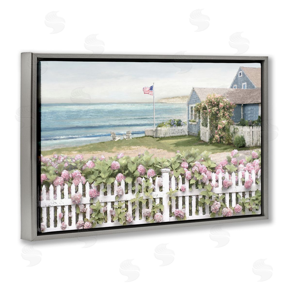 Coastal Bay Cottage Grey Floating Frame Canvas Wall Art, Home Decor by Amber Sterling
