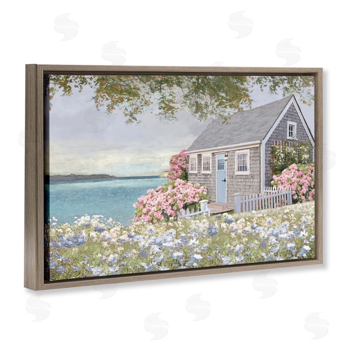 Cottage with Rose Garden Brown Floating Frame Canvas Wall Art, Home Decor by Amber Sterling