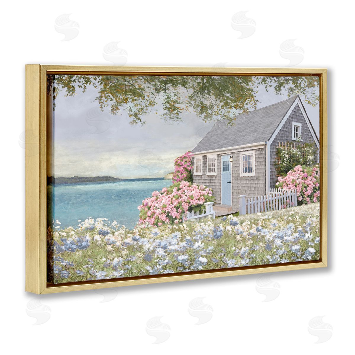 Cottage with Rose Garden Gold Floating Frame Canvas Wall Art, Home Decor by Amber Sterling